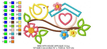 Birdhouse with flowers embroidery designs - Tree Bird applique embroidery machine pattern - Kitchen towel - Instant download pes jef dst vp3