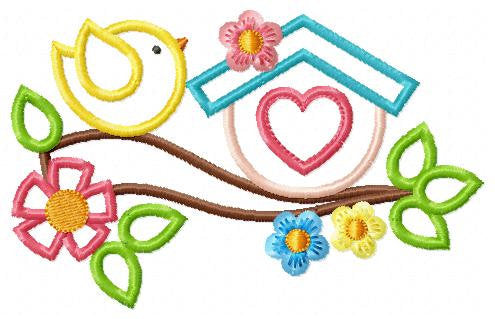 Birdhouse with flowers embroidery designs - Tree Bird applique embroidery machine pattern - Kitchen towel - Instant download pes jef dst vp3