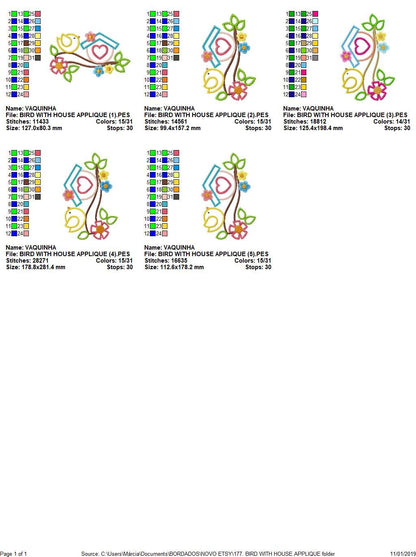 Birdhouse with flowers embroidery designs - Tree Bird applique embroidery machine pattern - Kitchen towel - Instant download pes jef dst vp3