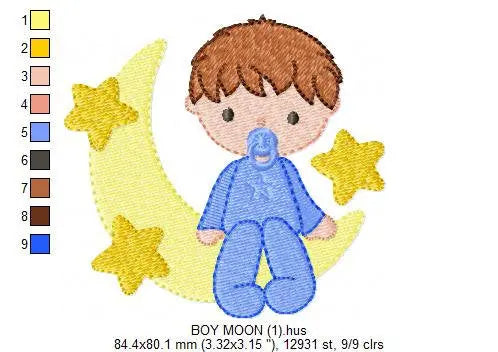 Sleeping boy embroidery design - Half moon with stars machine embroidery pattern - Baby boy file - Instant digital download pes jef dst hus Marcia Embroidery