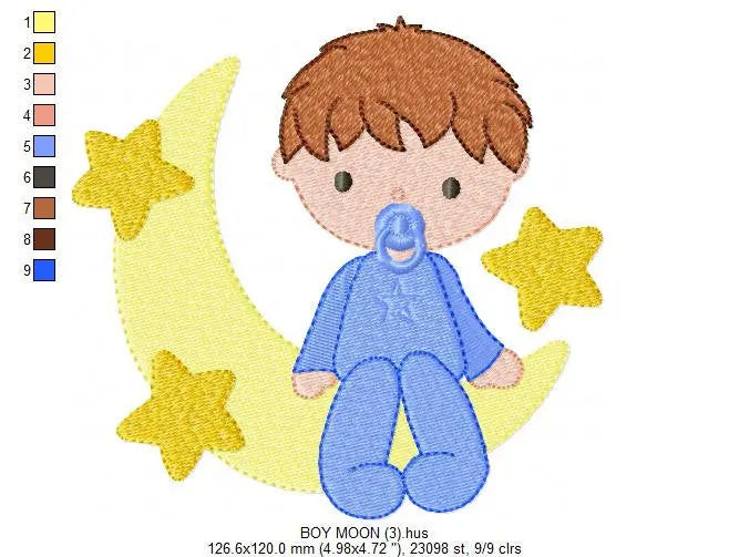 Sleeping boy embroidery design - Half moon with stars machine embroidery pattern - Baby boy file - Instant digital download pes jef dst hus Marcia Embroidery
