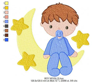 Sleeping boy embroidery design - Half moon with stars machine embroidery pattern - Baby boy file - Instant digital download pes jef dst hus Marcia Embroidery
