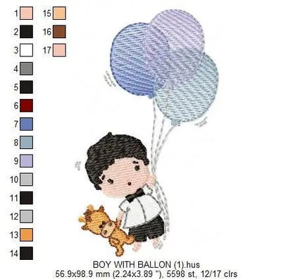 Balloon embroidery designs - Boy with balloons embroidery design machine embroidery pattern - Baby boy embroidery file filled design pes jef Marcia Embroidery