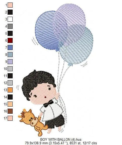 Balloon embroidery designs - Boy with balloons embroidery design machine embroidery pattern - Baby boy embroidery file filled design pes jef Marcia Embroidery