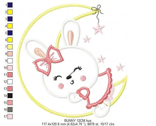 Sleeping bunny embroidery design - Half moon applique machine embroidery pattern - Baby girl file - Instant digital download pes jef dst hus Marcia Embroidery