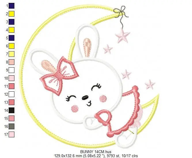 Sleeping bunny embroidery design - Half moon applique machine embroidery pattern - Baby girl file - Instant digital download pes jef dst hus Marcia Embroidery