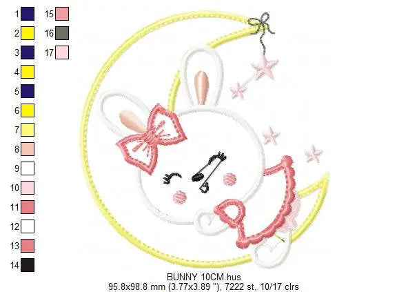 Sleeping bunny embroidery design - Half moon applique machine embroidery pattern - Baby girl file - Instant digital download pes jef dst hus Marcia Embroidery