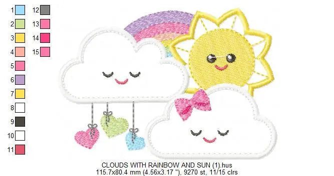 Sun with Clouds embroidery design - Rainbow applique machine embroidery pattern - Baby girl file - Instant digital download pes jef dst hus Marcia Embroidery