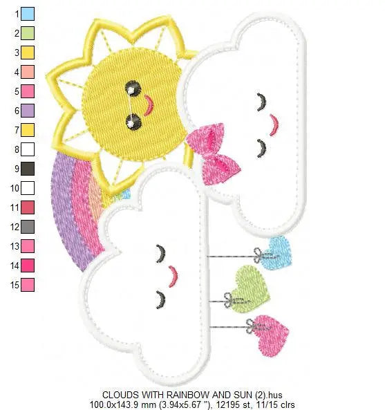 Sun with Clouds embroidery design - Rainbow applique machine embroidery pattern - Baby girl file - Instant digital download pes jef dst hus Marcia Embroidery