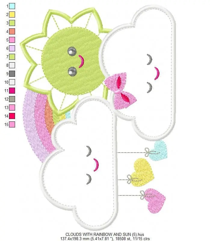 Sun with Clouds embroidery design - Rainbow applique machine embroidery pattern - Baby girl file - Instant digital download pes jef dst hus Marcia Embroidery