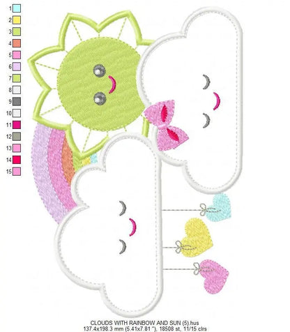 Sun with Clouds embroidery design - Rainbow applique machine embroidery pattern - Baby girl file - Instant digital download pes jef dst hus Marcia Embroidery