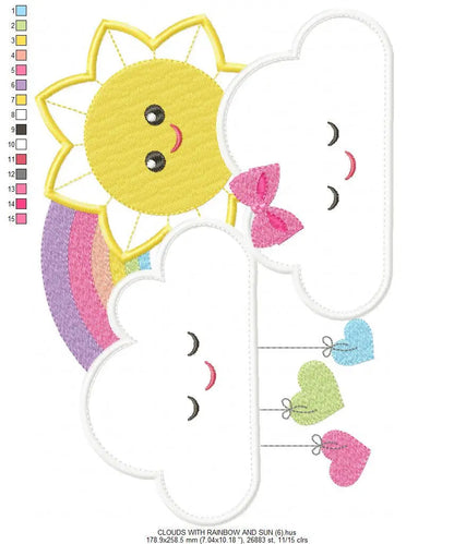 Sun with Clouds embroidery design - Rainbow applique machine embroidery pattern - Baby girl file - Instant digital download pes jef dst hus Marcia Embroidery