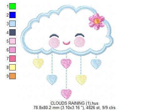 Cloud embroidery design - Rain of hearts machine embroidery pattern - Baby girl cloud applique with flower file - Instant download pes jef