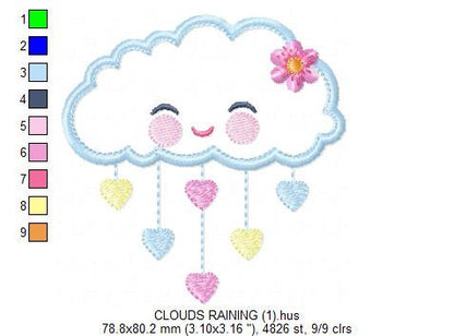 Cloud embroidery design - Rain of hearts machine embroidery pattern - Baby girl cloud applique with flower file - Instant download pes jef