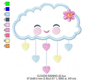 Cloud embroidery design - Rain of hearts machine embroidery pattern - Baby girl cloud applique with flower file - Instant download pes jef