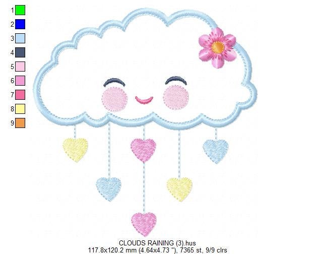 Cloud embroidery design - Rain of hearts machine embroidery pattern - Baby girl cloud applique with flower file - Instant download pes jef