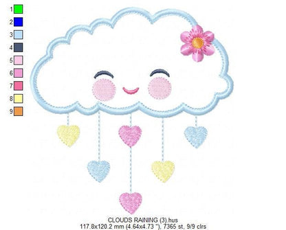 Cloud embroidery design - Rain of hearts machine embroidery pattern - Baby girl cloud applique with flower file - Instant download pes jef