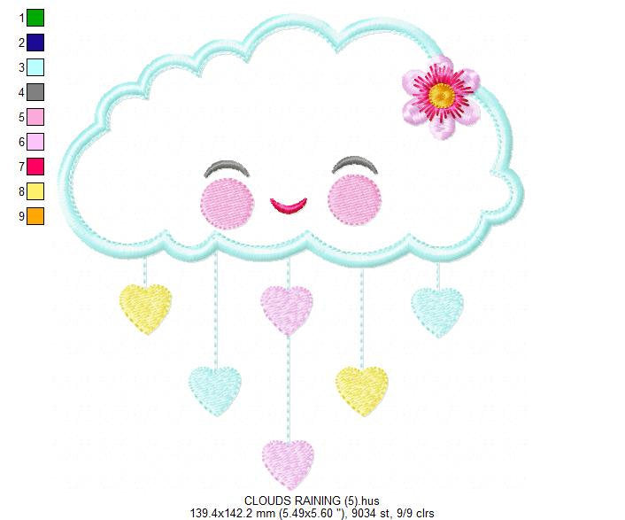 Cloud embroidery design - Rain of hearts machine embroidery pattern - Baby girl cloud applique with flower file - Instant download pes jef