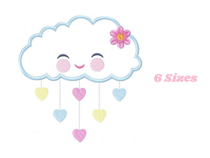 Cloud embroidery design - Rain of hearts machine embroidery pattern - Baby girl cloud applique with flower file - Instant download pes jef