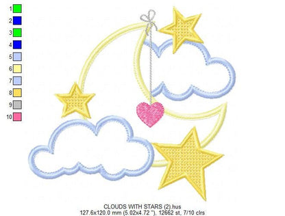 Moon embroidery design - Stars embroidery design machine embroidery pattern - Cloud embroidery file moon applique design - night embroidery