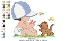 Cargar imagen en el visor de la galería, Boy with cat embroidery design - Baby boy embroidery design machine embroidery pattern - kid embroidery file - instant download digital file
