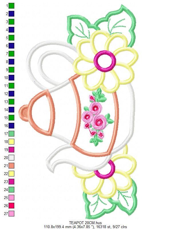 Teapot with flowers applique embroidery design - Kitchen Towel machine embroidery pattern - teakettle Boiler - Instant download pes jef dst