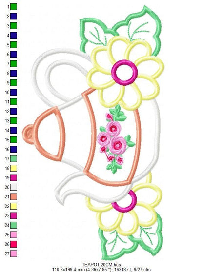 Teapot with flowers applique embroidery design - Kitchen Towel machine embroidery pattern - teakettle Boiler - Instant download pes jef dst