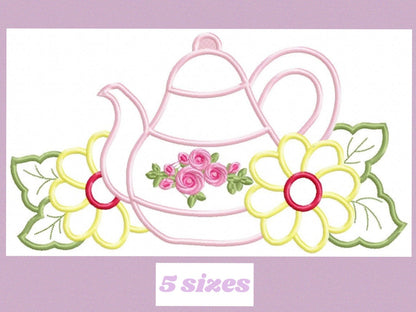 Teapot with flowers applique embroidery design - Kitchen Towel machine embroidery pattern - teakettle Boiler - Instant download pes jef dst