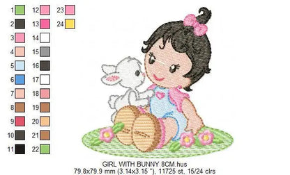 Baby girl embroidery designs - Toddler embroidery design machine embroidery pattern - Girl with bunny embroidery file - Instant download pes Marcia Embroidery