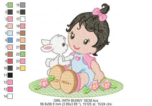Baby girl embroidery designs - Toddler embroidery design machine embroidery pattern - Girl with bunny embroidery file - Instant download pes Marcia Embroidery