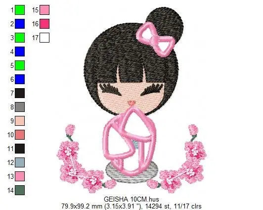 Japanese Geisha embroidery designs - Japanese Girl embroidery design machine embroidery pattern - geisha with flowers embroidery file design Marcia Embroidery