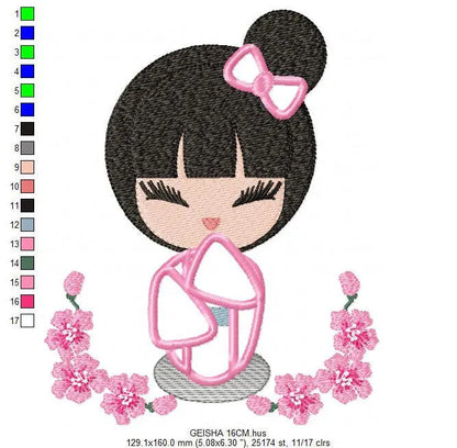 Japanese Geisha embroidery designs - Japanese Girl embroidery design machine embroidery pattern - geisha with flowers embroidery file design Marcia Embroidery