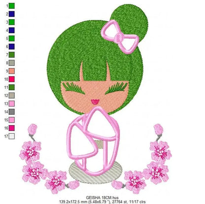 Japanese Geisha embroidery designs - Japanese Girl embroidery design machine embroidery pattern - geisha with flowers embroidery file design Marcia Embroidery