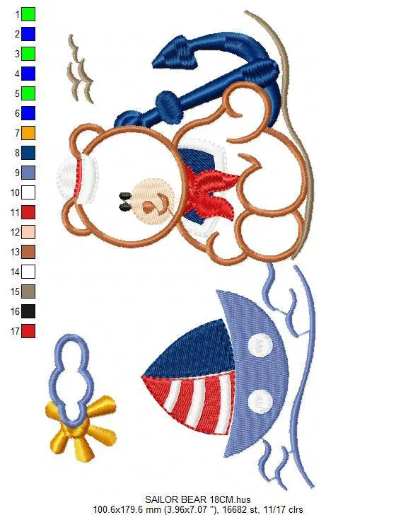 Boat embroidery designs - Sailor Bear with anchor machine embroidery pattern - Sailor bear applique - Teddy Nautical - Instant download pes Marcia Embroidery