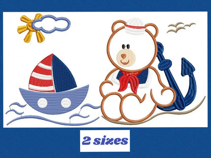 Boat embroidery designs - Sailor Bear with anchor machine embroidery pattern - Sailor bear applique - Teddy Nautical - Instant download pes Marcia Embroidery