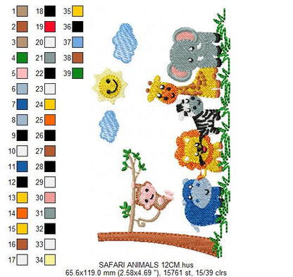 Safari wild animals embroidery designs - Elephant Giraffe Monkey Hippo Lion Zebra machine embroidery pattern - Instant download pes jef dst
