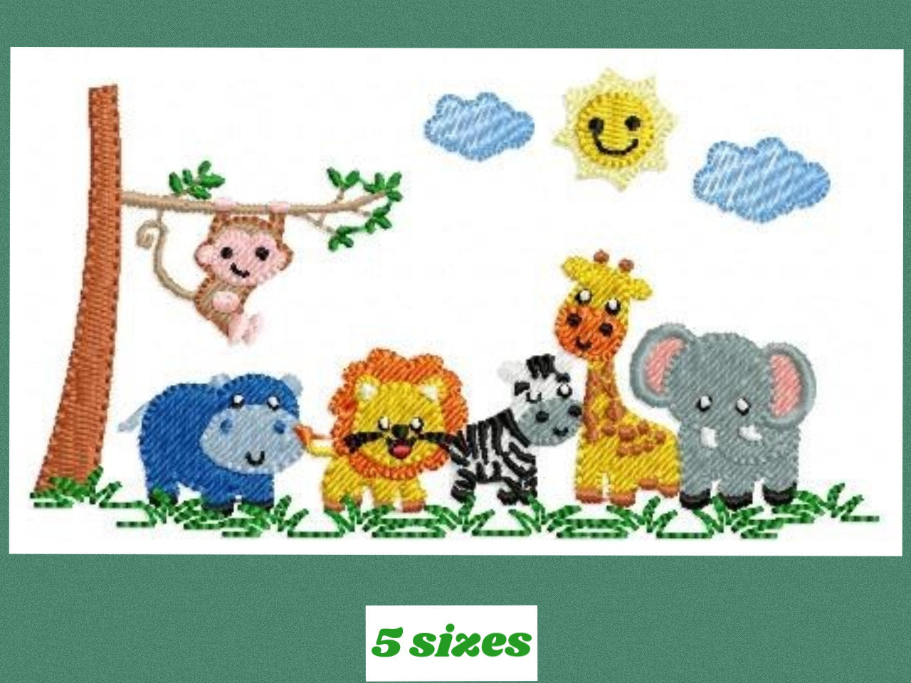 Safari wild animals embroidery designs - Elephant Giraffe Monkey Hippo Lion Zebra machine embroidery pattern - Instant download pes jef dst