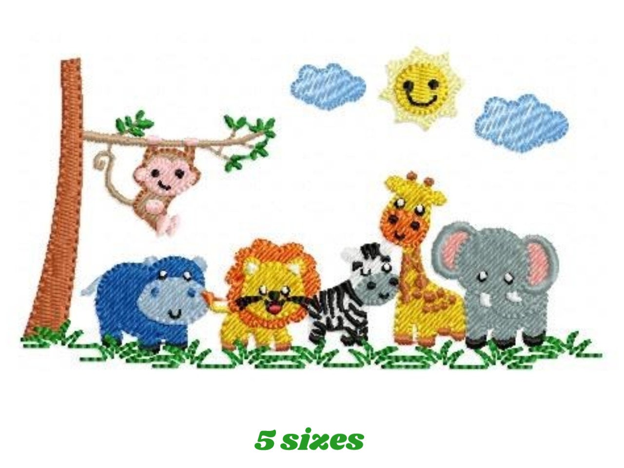 Safari wild animals embroidery designs - Elephant Giraffe Monkey Hippo Lion Zebra machine embroidery pattern - Instant download pes jef dst