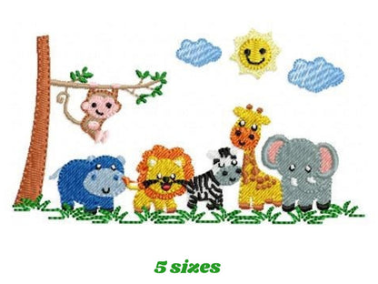 Safari wild animals embroidery designs - Elephant Giraffe Monkey Hippo Lion Zebra machine embroidery pattern - Instant download pes jef dst
