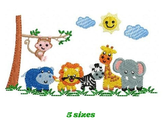 Safari wild animals embroidery designs - Elephant Giraffe Monkey Hippo Lion Zebra machine embroidery pattern - Instant download pes jef dst