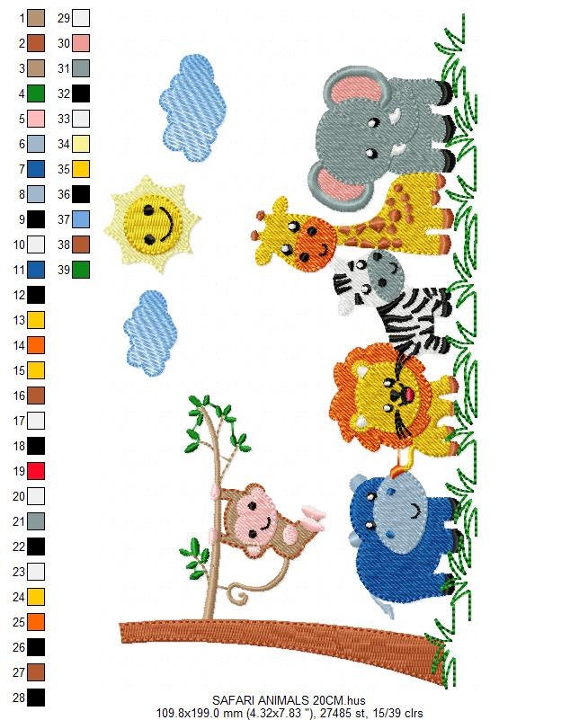 Safari wild animals embroidery designs - Elephant Giraffe Monkey Hippo Lion Zebra machine embroidery pattern - Instant download pes jef dst