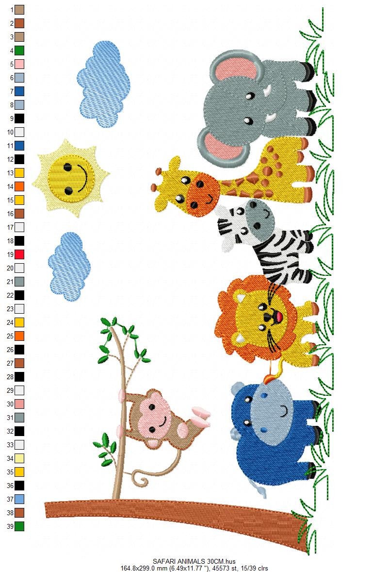 Safari wild animals embroidery designs - Elephant Giraffe Monkey Hippo Lion Zebra machine embroidery pattern - Instant download pes jef dst