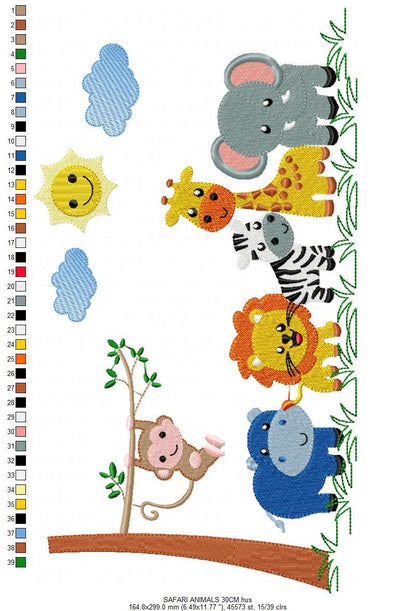 Safari wild animals embroidery designs - Elephant Giraffe Monkey Hippo Lion Zebra machine embroidery pattern - Instant download pes jef dst