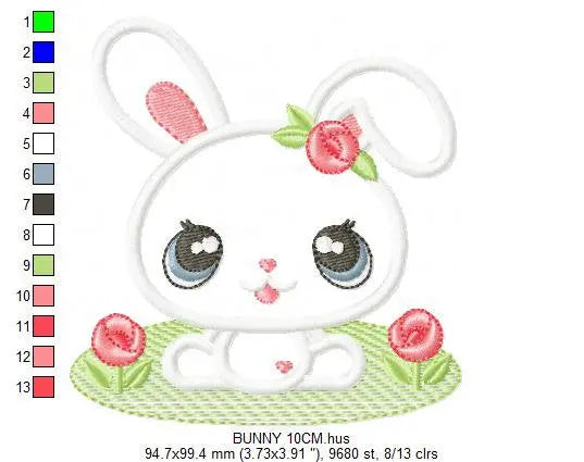 Bunny embroidery design - Rabbit with flowers applique machine embroidery pattern -  Baby girl easter bunny with flowers - Instant download Marcia Embroidery