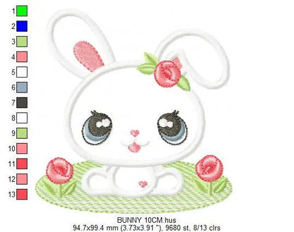 Bunny embroidery design - Rabbit with flowers applique machine embroidery pattern -  Baby girl easter bunny with flowers - Instant download Marcia Embroidery