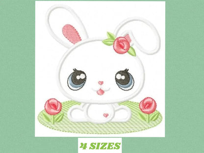 Bunny embroidery design - Rabbit with flowers applique machine embroidery pattern -  Baby girl easter bunny with flowers - Instant download Marcia Embroidery