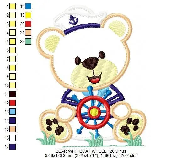 Sailor Bear embroidery design - Teddy machine embroidery pattern - Sailor bear applique design - Bear with cap and rudder - Instant download Marcia Embroidery