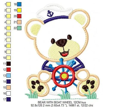Sailor Bear embroidery design - Teddy machine embroidery pattern - Sailor bear applique design - Bear with cap and rudder - Instant download Marcia Embroidery