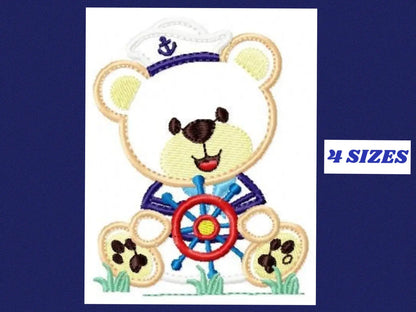 Sailor Bear embroidery design - Teddy machine embroidery pattern - Sailor bear applique design - Bear with cap and rudder - Instant download Marcia Embroidery
