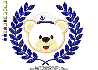 Bear embroidery designs - Laurel embroidery design machine embroidery pattern -  Sailor bear embroidery -sailor wreath design Teddy bear Marcia Embroidery